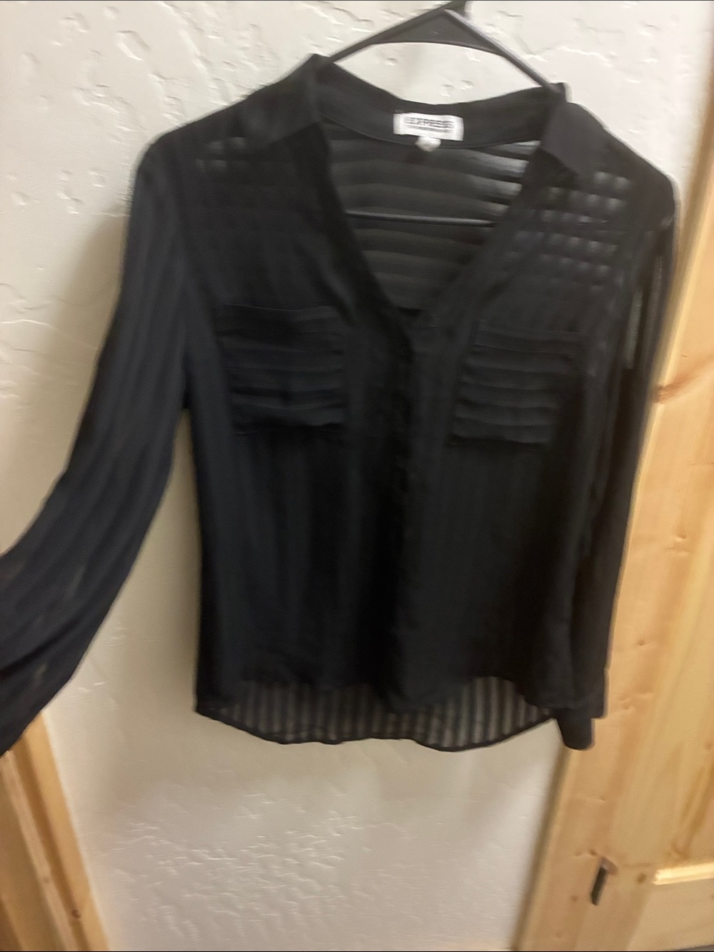 Express Black Sheer Vertical-Stripe Button-Down Shirt